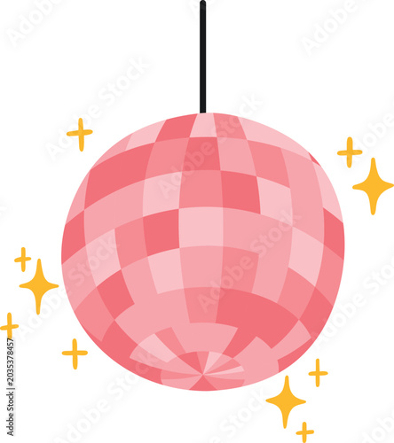 A pink, floating, mirrored disco ball with yellow sparkles.