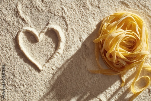 Fresh pasta nest and heart shape drawn in flour with shadows