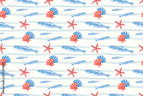 Nautical style seamless pattern with blue fish, scallop shells and red starfish. Summer coastal beach concept nautical design for textiles, wallpaper, wrapping paper, backgrounds and stationery