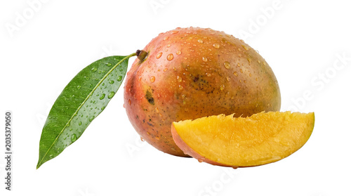 Ripe mango with water droplets and leaf slice fresh fruit tropical sweet isolated.