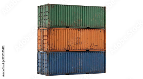 Stacked shipping containers green orange and blue logistics transport cargo delivery freight industry isolated.