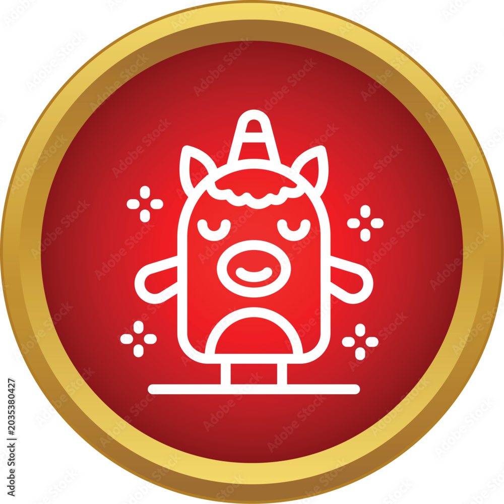 Obraz premium Cute unicorn character icon with sparkling elements on a red circle