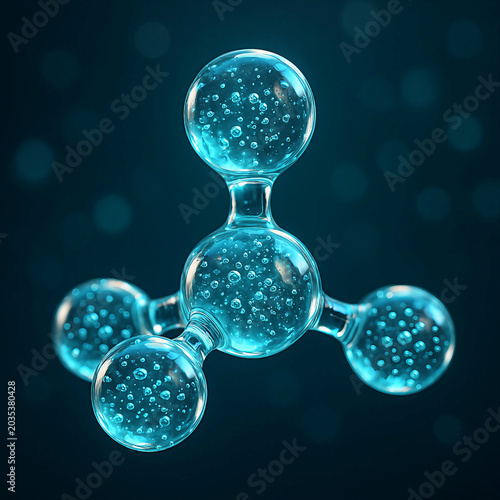 3D Blue Glass Molecule Model with Water Bubbles