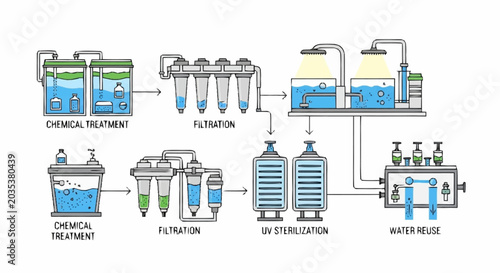 Water Treatment Process Diagram Illustration.