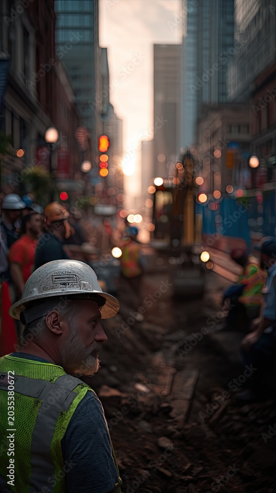 Obraz premium Construction worker observes activity in busy city area at sunset with multiple workers and machinery in background
