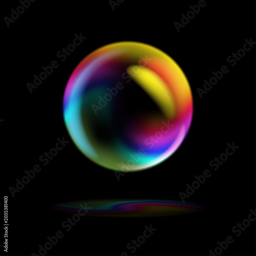 Vector realistic soap bubble with iridescent rainbow reflection and colorful shadow on black background. Translucent sphere created with mesh gradient. Scalable design element for creative overlays.