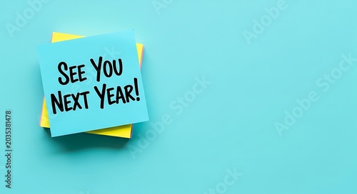 See You Next Year text on blue sticky note, farewell message on adhesive paper, end of year greeting on turquoise background with copy space
