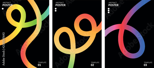 Bild auf Leinwand Minimalist poster set with glowing neon 3d ribbon lines on black background for corporate branding vector graphic template pack professional artistic presentation layout
