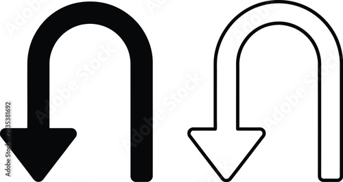Tableau sur toile U turn arrow icons, curved directional symbols in solid and outline styles for navigation maps and interface graphics