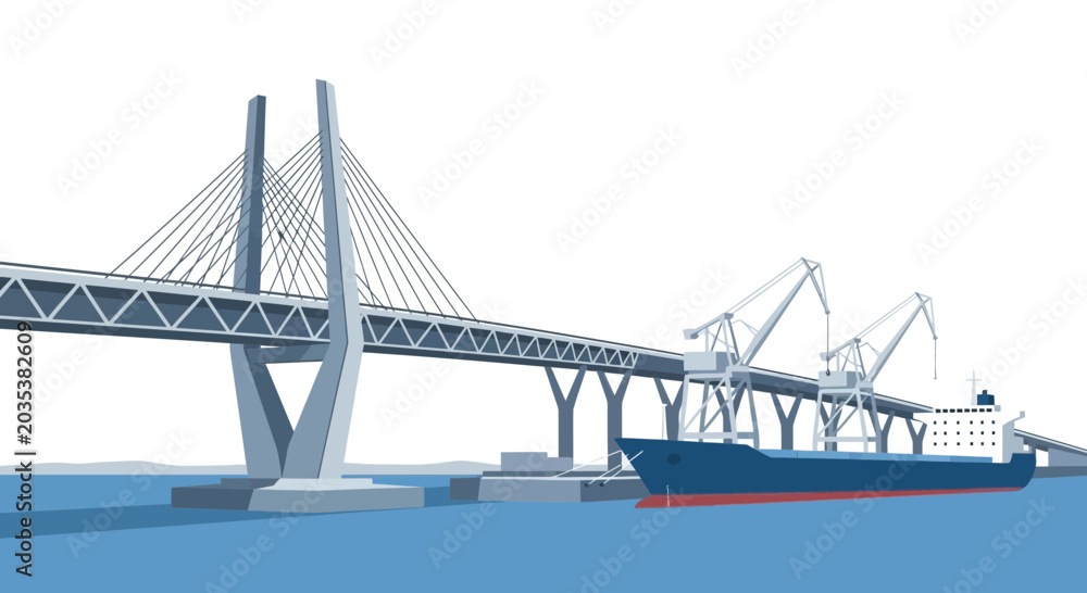Fototapeta premium Modern Cable-Stayed Bridge and Cargo Ship at Industrial Port