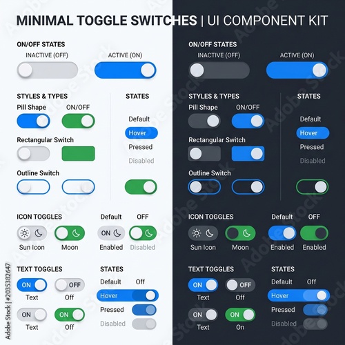 toggle switches UI set, on/off states, light and dark mode, minimal vector, modern interface design, editable components