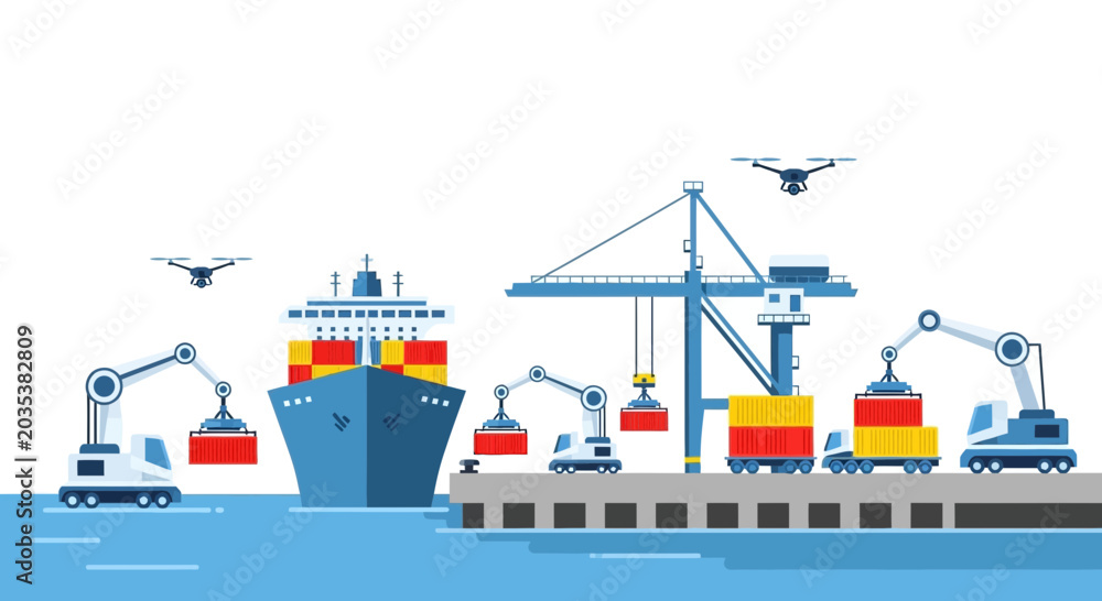 Obraz premium Container Ship Loading at Port with Cranes, Drones, and Trucks - Logistics
