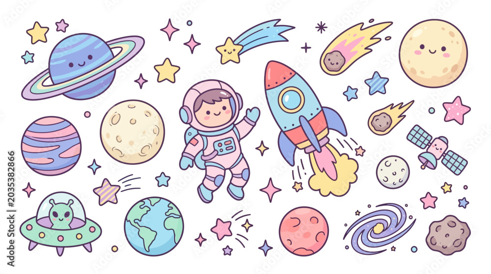 Fototapeta premium Adorable Kawaii Space Adventure Collection A Cute Cartoon Set of Astronauts, Planets, Rockets, and Stars for Children's Designs and Celestial Themes