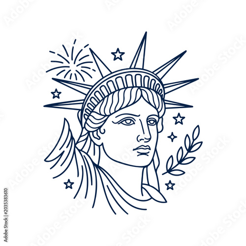 Minimal Statue of Liberty line art illustration with stars, fireworks, and patriotic elements. Elegant American symbol design in blue outline style perfect for Independence Day and USA celebrations.