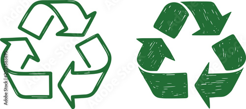 Quadro su tela Two green recycle symbols in outline and textured styles promote hopeful eco-friendly habits on a bright white setting