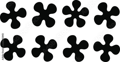 Playful collection of eight black retro flower silhouettes with groovy organic shapes set against a bright white background.