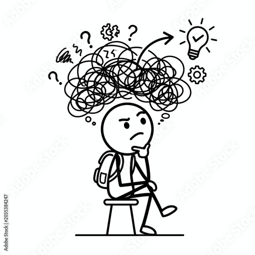 Tableau sur toile A cartoon character with a confused expression sits on a stool with a disorganized mind and a sudden idea