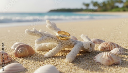 Gold wedding ring placed on white coral piece surrounded by seashells on sandy beach near turquoise ocean water