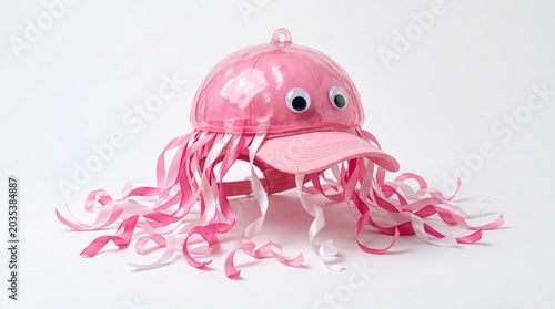 Pink jellyfish costume hat with googly eyes isolated on white background