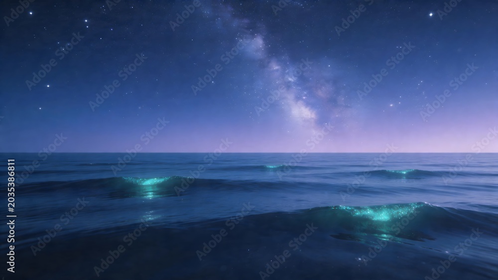 Fototapeta premium Nighttime ocean with glowing waves and stars