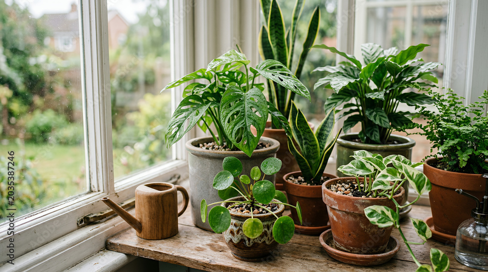 Fototapeta premium Indoor plants arrangement with lush greenery on wooden table in cozy sunlight setting