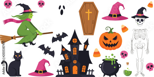 Foto Vector set of spooky Halloween clip art elements including a witch flying on a broom, haunted house, pumpkin, skeleton, and black cat, isolated on a white background