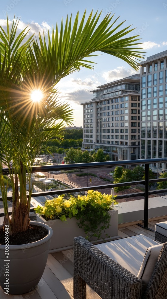 Fototapeta premium Sunlit urban terrace with lounge chair and cityscape during golden hour