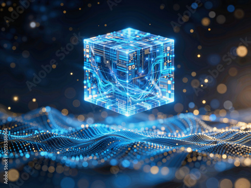 Futuristic Tech Holographic Digital Cube with Data Network