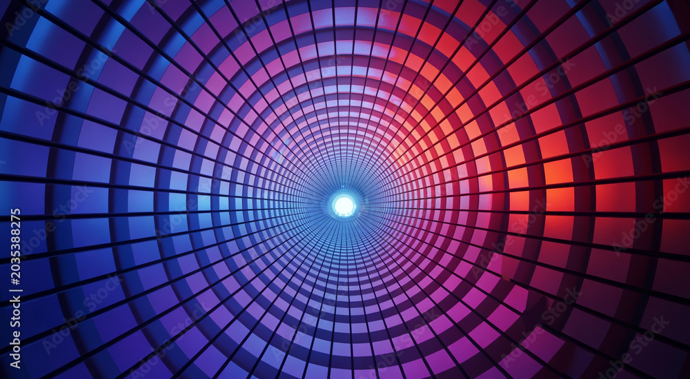 Obraz premium Abstract circular grid tunnel with colorful gradient lighting from purple to orange.