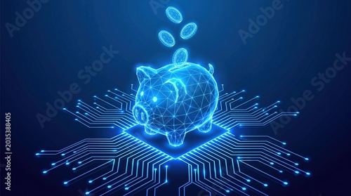 Digital piggy bank concept with glowing circuitry nodes and floating virtual coins