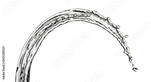 A single curved arc of clear water splashing against a solid black background, showing liquid motion, droplets, and transparent fluid textures