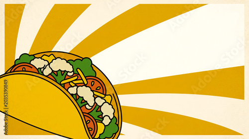 Vegan taco with cauliflower and fresh vegetable in retro style poster. Graphic illustration of street food snack