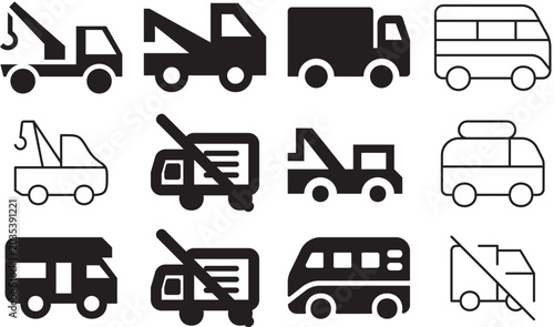 Bild auf Leinwand Set of diverse truck and vehicle icons including tow trucks, cargo trucks, and v