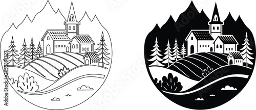 Foto Idyllic village landscape vector with houses churches hills and pine trees in rural setting