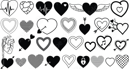 Tableau sur toile Black line vector icon set of creative heart shapes featuring anatomical love sy