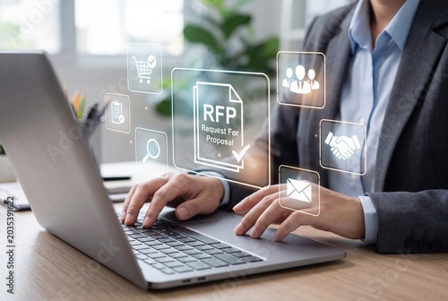 Business executive using laptop to submit rfp request for proposal digital documents