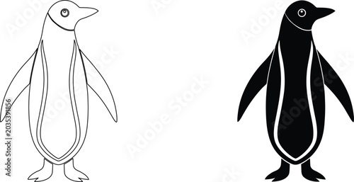 Obraz na płótnie Penguin vector line art and black silhouette design isolated on transparent background set