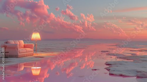 夕焼けの浜辺のスタンドとソファーのファンタジックなイメージ