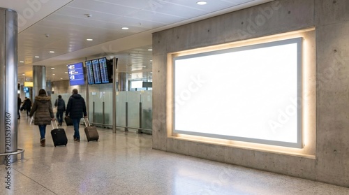 A blank illuminated billboard mockup on a concrete wall inside an airport terminal, perfect for out-of-home (OOH) advertising and digital signage presentation
