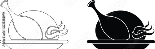 Konstfotografi Roasted turkey on platter outline and solid black silhouette icon
