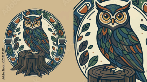 Tableau sur toile Colorful owl sitting on tree stump.
