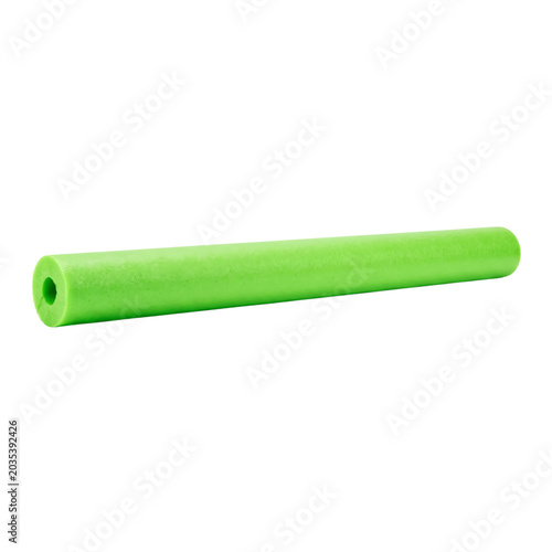 Single green foam pool noodle isolated on transparent background for summer water recreation design
