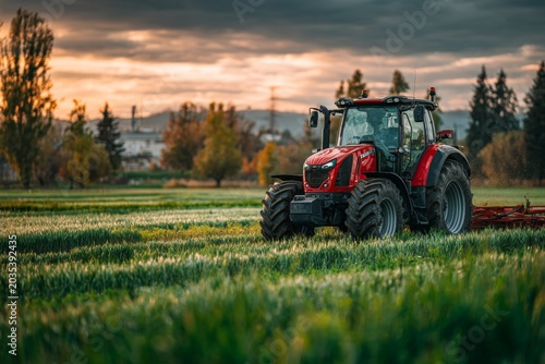 Using Electric Tractor for Farming in Green Field During the Evening With Clouds in the Sky and Trees in the Background Generative AI