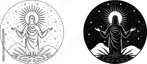 Fotografie Radiant figure of jesus christ vector illustration in a circular halo with rays of light