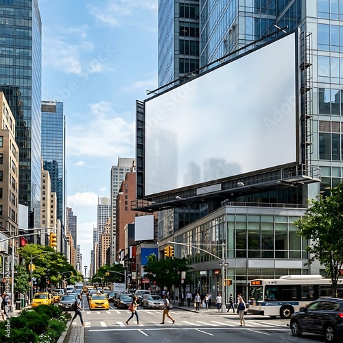 Empty white billboard on corner of modern glass building overlooking city street crossing.