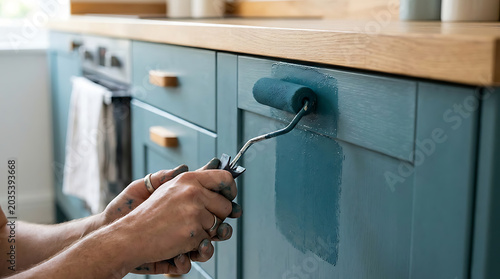 A person using a small foam paint roller to apply dark teal paint to a wooden kitchen cabinet door with a light oak countertop visible above