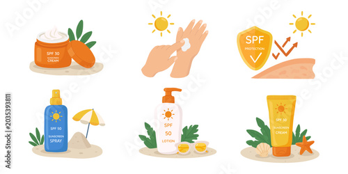 Cosmetics for skincare, UV protection, and summer beach vacations. Sunscreens.