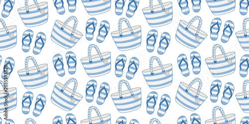 Summer pattern with beach bag and flip flops, Mediterranean style vector illustration, blue hand drawn sketches, minimalist coastal design.
