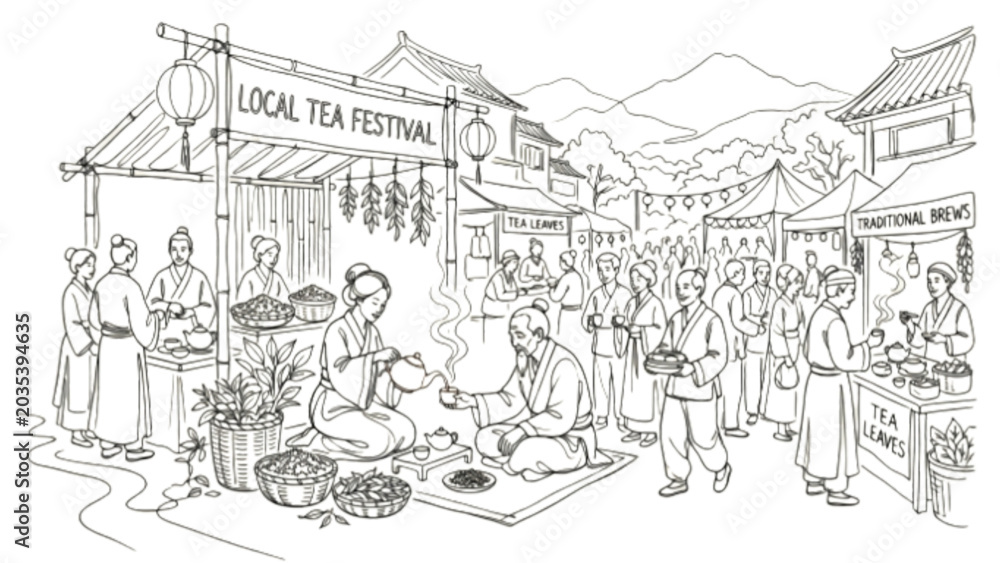 Naklejka premium Tea Festival One Line Drawing – Traditional Ceremony Steaming Cups Cultural Lifestyle Line Art