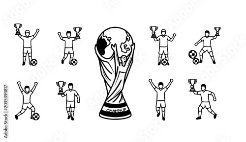 Soccer championship winner and trophy icons for world cup tournament
